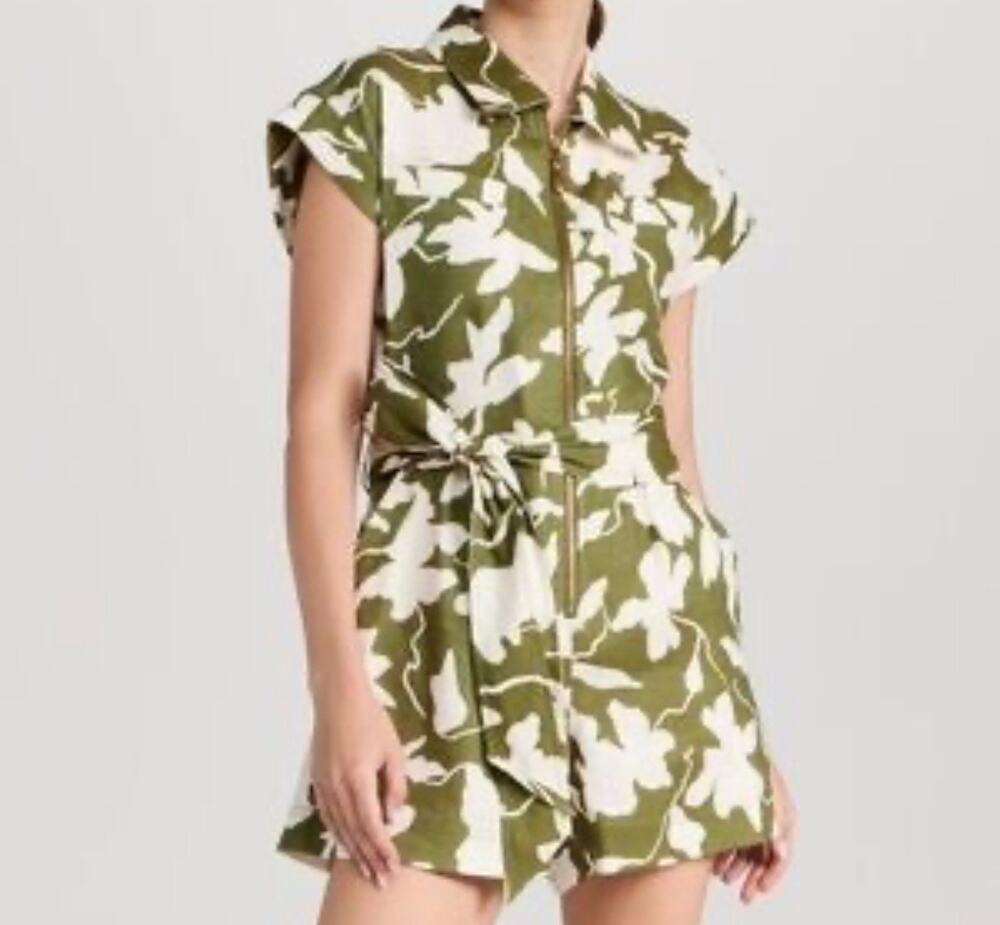 Tanya Taylor Skye Romper Women L Olive Green Floral‎ Very Good Zip Front Linen